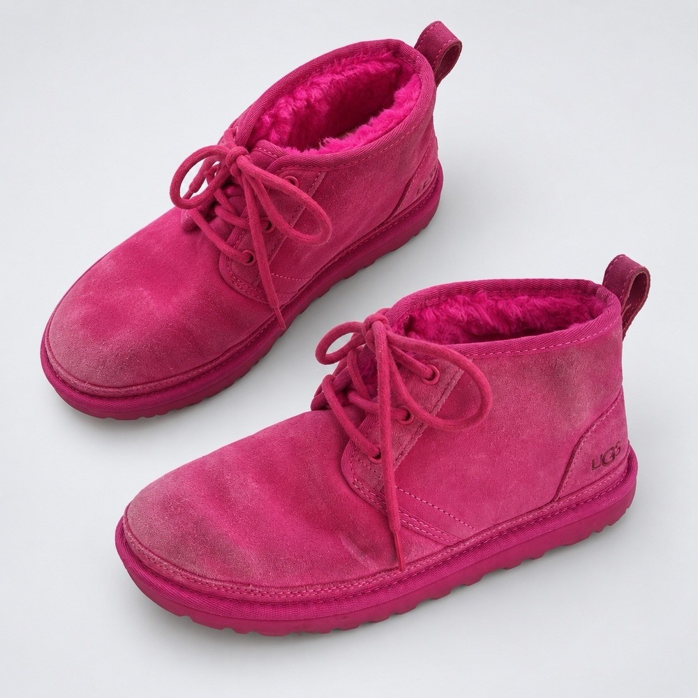 UGG Neumel Chukka Suede Lace Up Ankle Boots Pink Womens Size 7 Shearling Fluffy